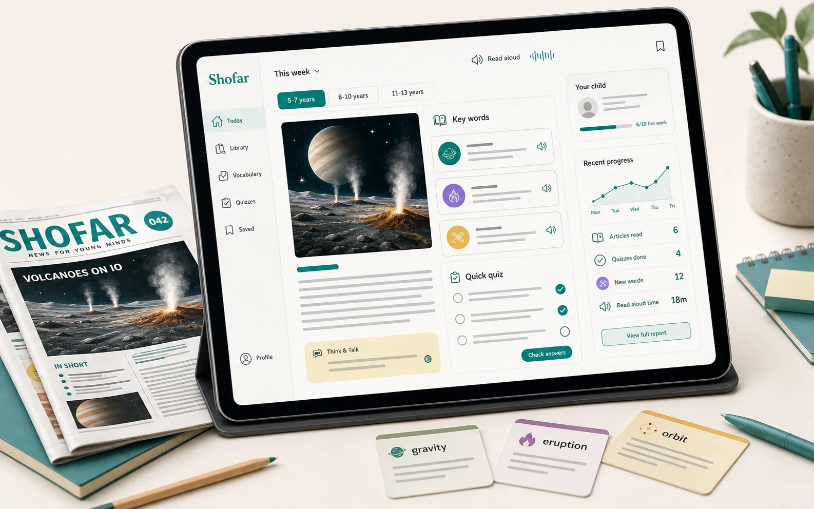 A OneXCube application mockup showing age-banded stories, vocabulary cards, quiz checks, read-aloud tools, parent progress, and a printed issue.
